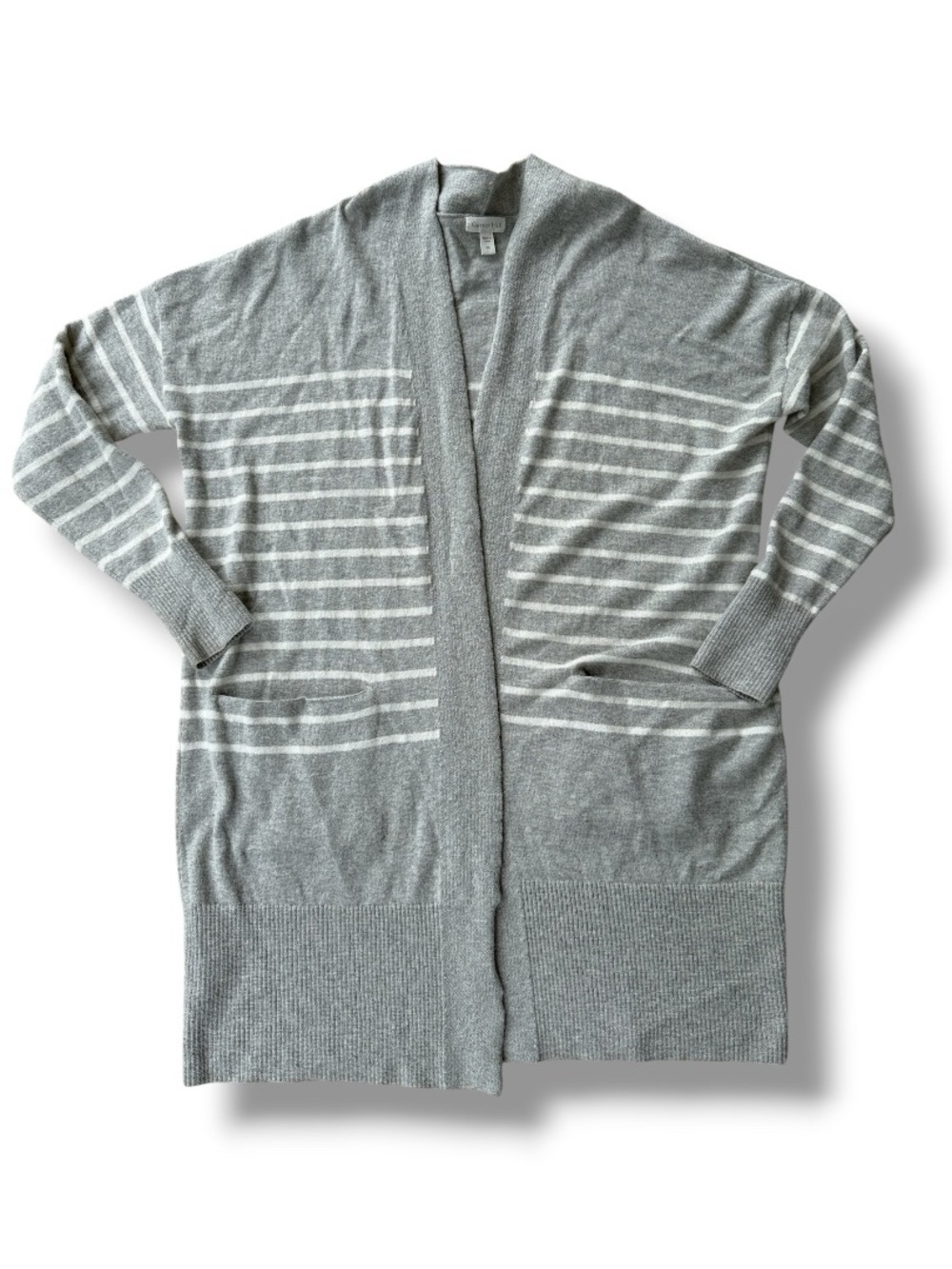 Garnet Hill Gray/White Striped Long Cardigan in Merino Wool/Cotton Knit Size XS - Picture 7 of 13